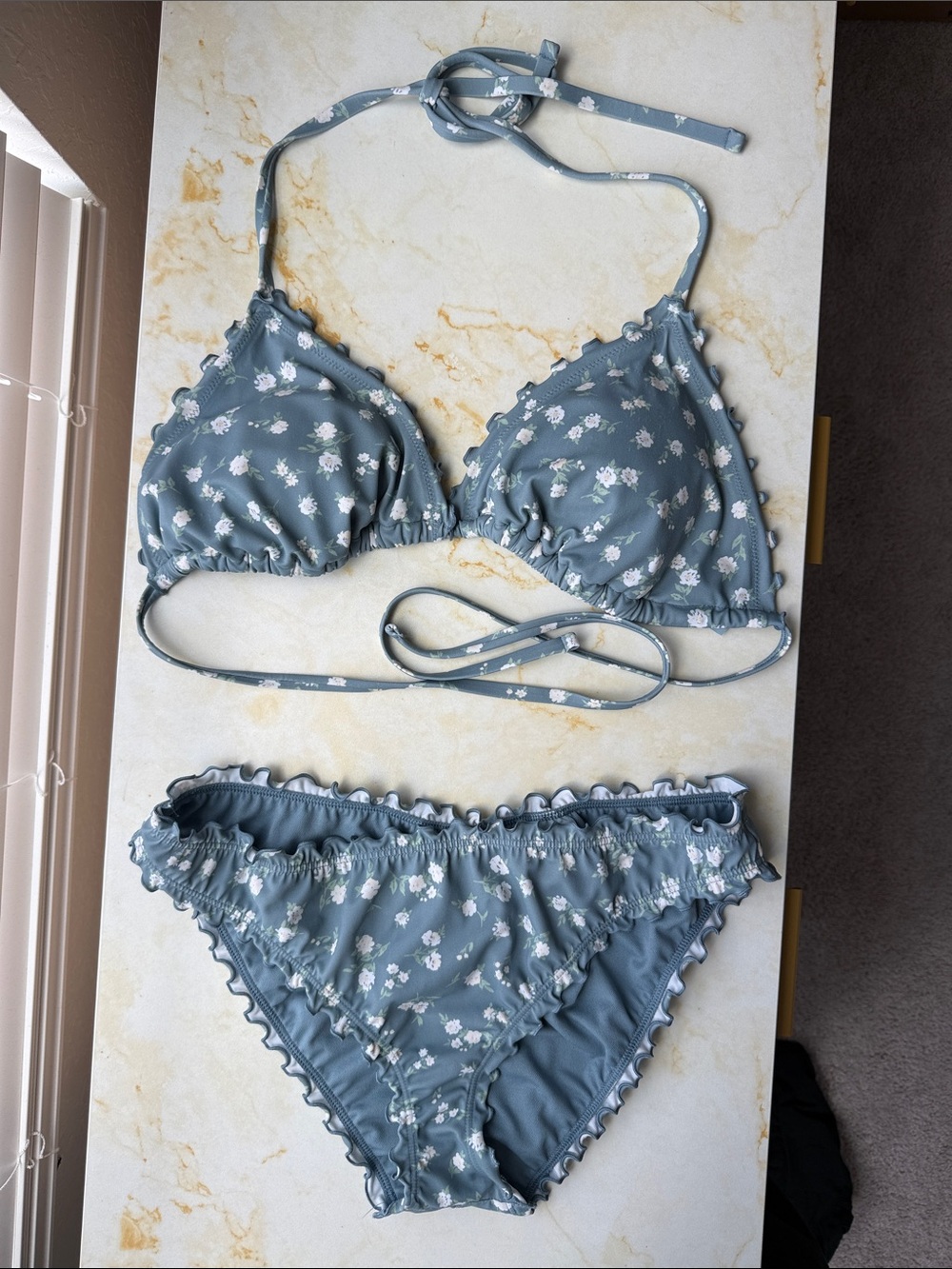 Shade & Shore Slate Blue Floral Ruffle Triangle Bikini